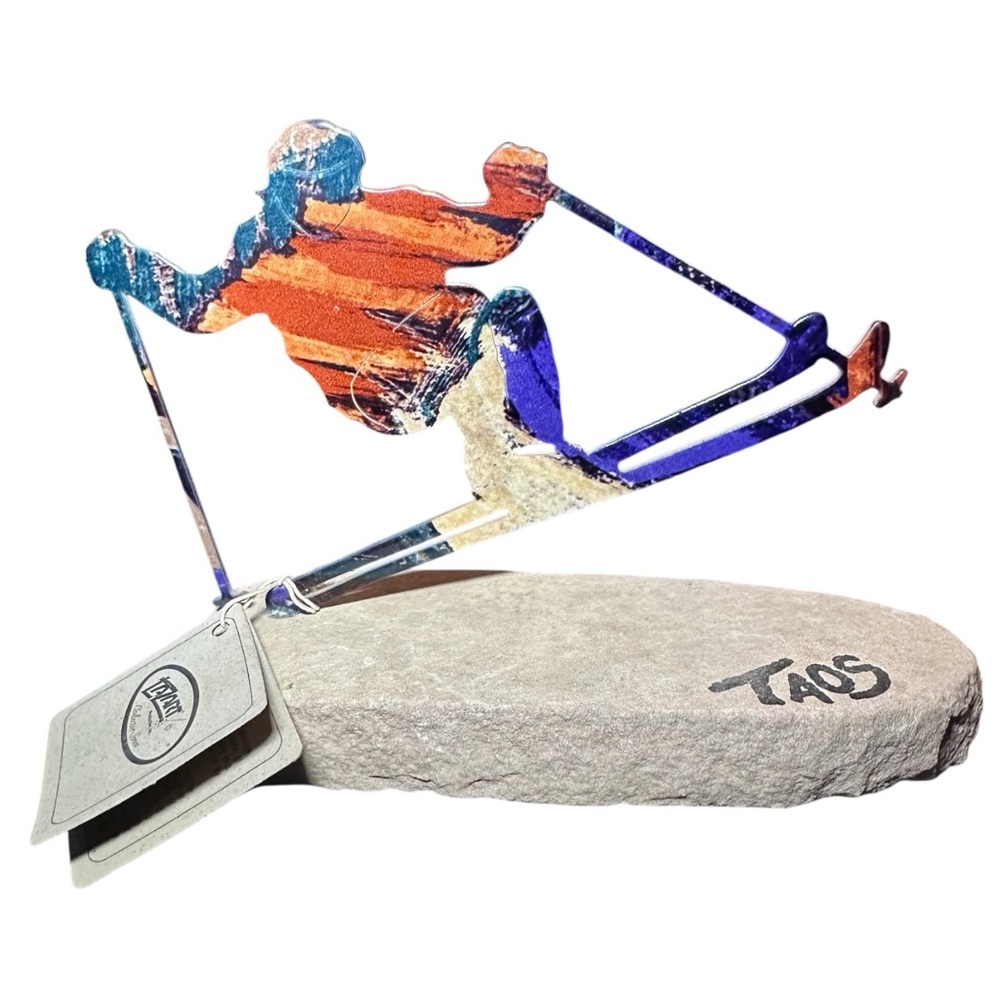 Vintage Lazart Collector Series Skier Metal Sculpture on Stone Base Taos